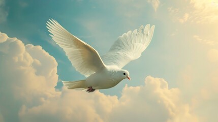 Fototapeta premium A white bird can be seen flying gracefully across the bright blue sky. The bird's wings spread out