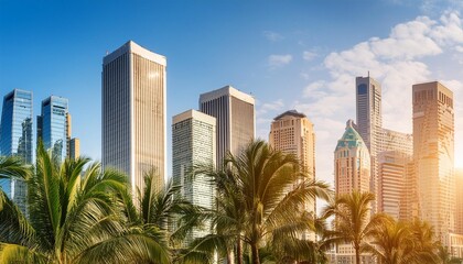 Palm-Spired Skyline Tall skyscrapers interspersed with palm trees against a backdrop of a vibrant city skyline.