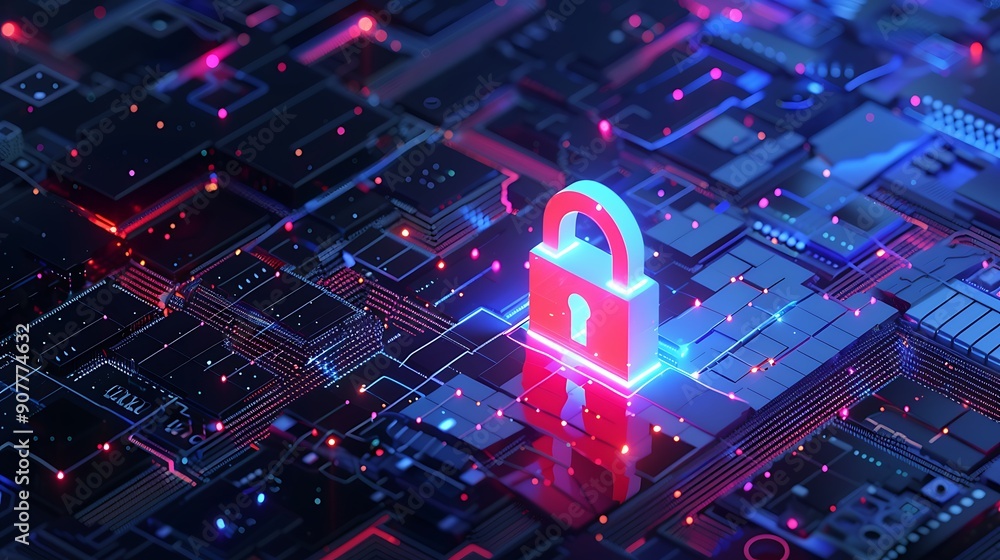 Poster 3d rendering of a padlock on a circuit board, representing the concept of cybersecurity and digital 