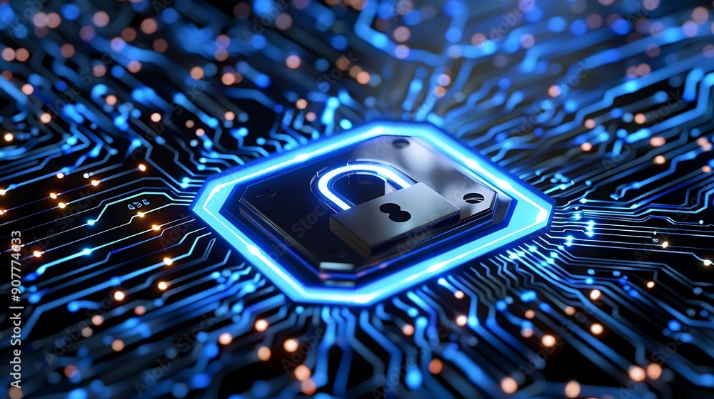 Poster close up shot of a lock symbol on a circuit board, representing cybersecurity, digital protection an