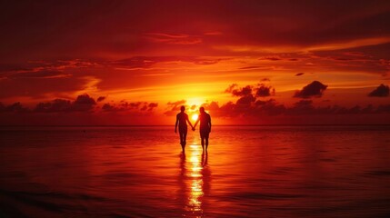 Fototapeta premium Capture the tranquility of a couple hand-in-hand, silhouetted against the fiery backdrop of a tropical sunset