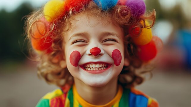 A young girl with a clown costume and red face paint is smiling and laughing. She is wearing a multicolored outfit and has a red nose