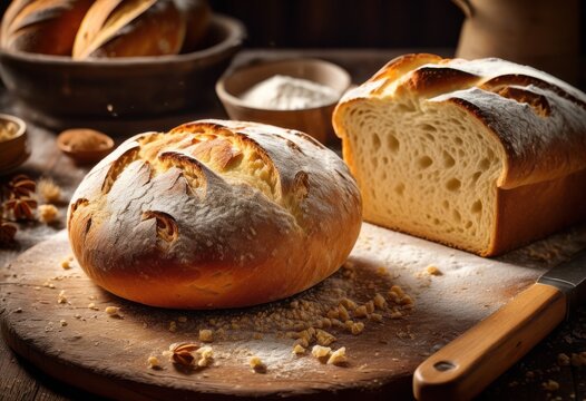 artisan handcrafted bread loaf dusting flour rustic surface freshly baked golden crust delicious aroma, baking, texture, crunchy, crispy, slice, oven, yeast