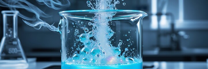 experiment water in beaker and flask in chemistry science laboratory background