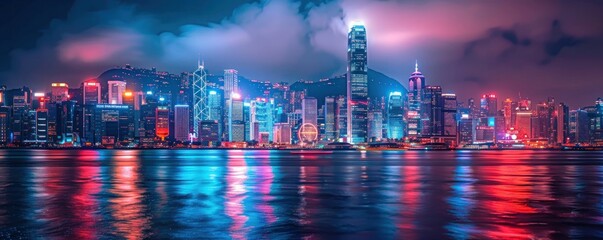 City skyline at night with bright neon lights