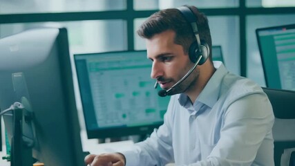 Call center. Man with headphones in headset talking, answering customer calls. Online support centre. Guy supporter helping clients. Support service. Online phone sales. Remote distant consultation.