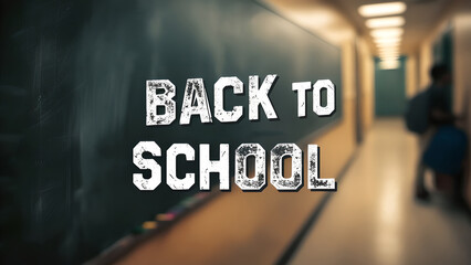 Hallway scene with a chalkboard and Back to School text in a grunge style. Moody colors and realistic setting for educational content, promotional materials, and back-to-school campaigns.