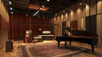 Piano Room with Wooden Walls and Vintage Rug.