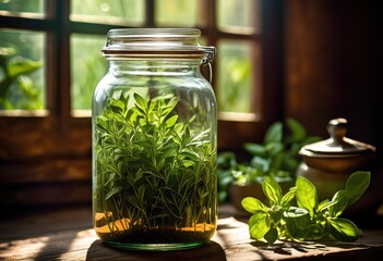 sunlit jar filled fragrant herbs showcasing vibrant green colors natural beauty, sunlight, botanical, freshness, aroma, leaves, spices, glass, container