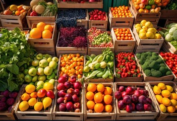 vibrant overhead display fresh fruits vegetables showcasing colorful array bounty market setting, organic, healthy, produce, variety, seasonal, ripe, juicy