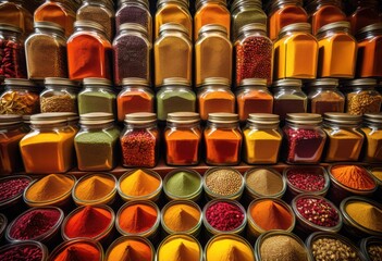 vibrant display colorful spices glass jars showcasing rich textures varied tones, aromatic, herbs, seasoning, containers, flavor, culinary, ingredients