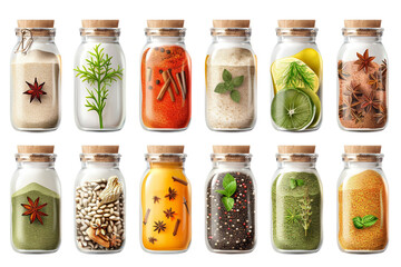 A collection of various spices and herbs in glass jars with cork lids, perfect for cooking, seasoning, and decoration.