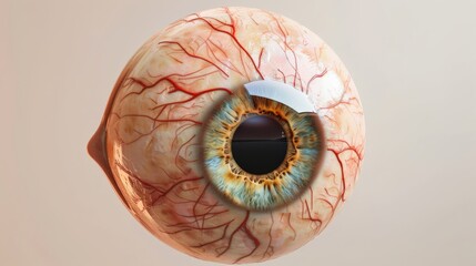 A close up of a red eye with a blue iris