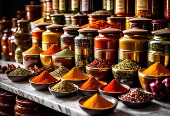 Fototapeta premium vibrant spice containers displayed polished marble showcasing colorful array spices decorative jars, aesthetic, arrangement, artistic, aroma, aromatic