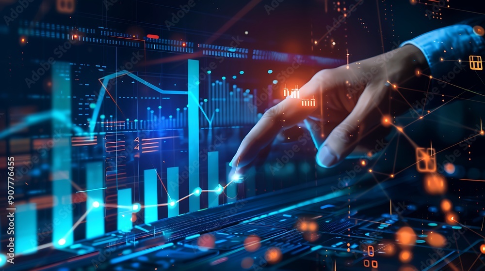 Poster hand interacts with a computer screen displaying data charts and graphs, symbolizing digital data an