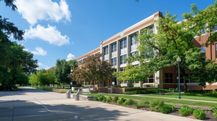 Modern Brick Building with Green Trees and Walkway.