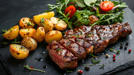 Close up food photography of beef steak with rosemary, potatoes, and salad. Wallpaper, photo for restaurant advertisement, product advertisement.