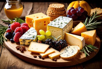 elegant display assorted cheeses artistically arranged rustic wooden platter accompaniments garnishes, gourmet, dairy, variety, snacks, appetizer