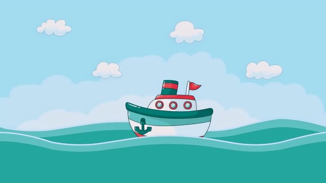 Cartoon boat animation on the sea with clouds