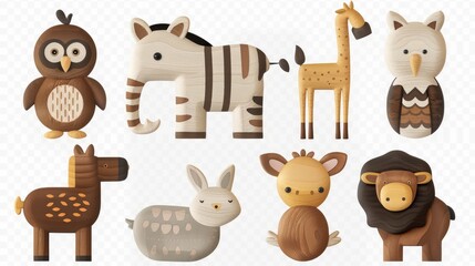 Fototapeta premium Wooden animal toys collection zebra, elephant, horse, owl, pig, sheep, rabbit, hen isolated on transparent background.