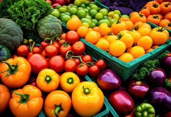 vibrant close colorful market fruits vegetables showcasing rich textures varied colors, freshness, organic, harvest, produce, green, red, yellow, orange