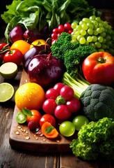 Naklejka na ściany i meble colorful display fresh seasonal produce arranged cutting board showcasing vibrant hues natural textures, fruits, vegetables, colors, freshness, organic