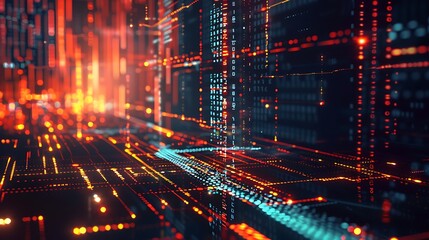 Obraz premium Visually stunning abstract cityscape with glowing lines and data patterns, representing the interconnectedness of technology and information.