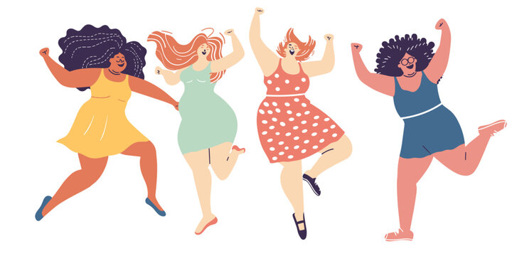 Four diverse women celebrating, dancing joyfully, vibrant dresses hairstyles. Happy female group, body positivity, cheerful party scene, diverse body types. Illustration women, fun gathering