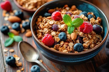 A bowl of granola with blueberries, raspberries, and almonds. The perfect photo for a healthy breakfast or snack.