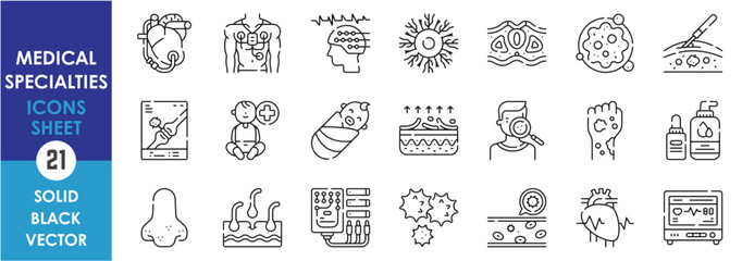 A set of line icons related to Medical Specialties. Cardiology
, Neurology
, Oncology
, Pediatrics, Dermatology, heart, baby, cure, skin, brain and so on. Vector outline icons set.