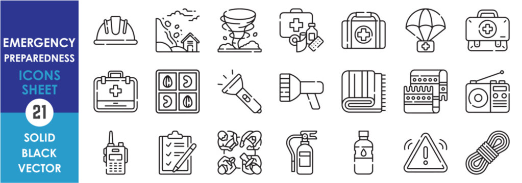 A set of line icons related to Emergency Preparedness. Helmet, disaster, aid, kit, bag, dried food, flashlight, clothes, radio, planning and so on. Vector outline icons set.