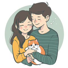 Couple embracing lovingly holding grumpy cat, young man woman enjoying company, adorable cat not amused affection. Smiling woman man cuddling orange white feline, family love moment, owners