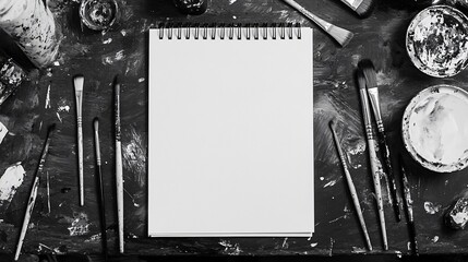 Top view of art supplies with blank sketchbook in black and white Concept of creativity and hobbies
