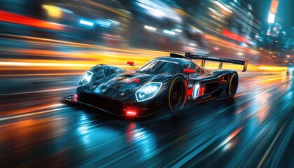 Black Sports Car Speeding Through City at Night