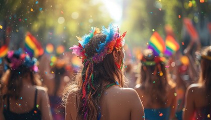 Obraz premium Woman with Colorful Feathers in a Crowd at a Festival