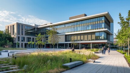 Modern Brick Building with Landscaping and Walkway.