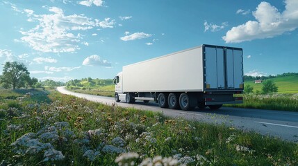 A white cargo truck driving through a scenic countryside landscape with a clear blue sky and fluffy clouds. Blank Truck Advertising Mockup.