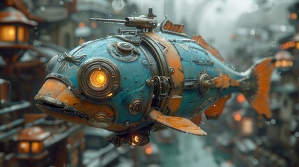 Steampunk Fish in a Foggy City