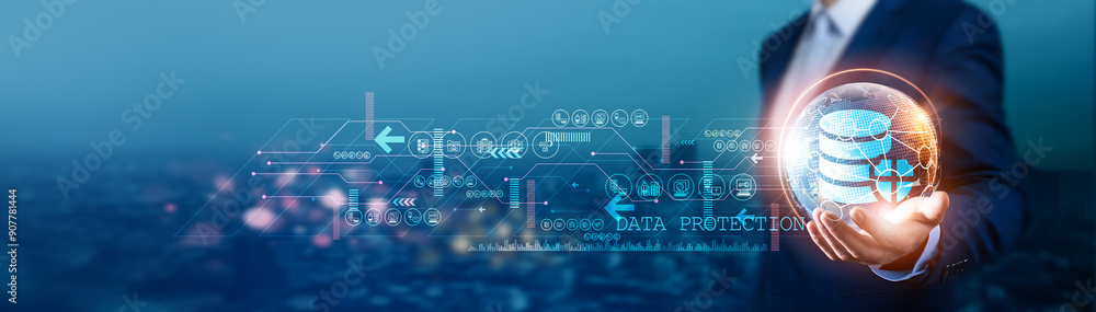 Poster businessman hold global data protection with network connected to a secure infrastructure and robust