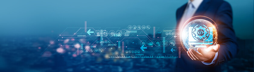 A businessman holds global software development with network connections to different markets,...