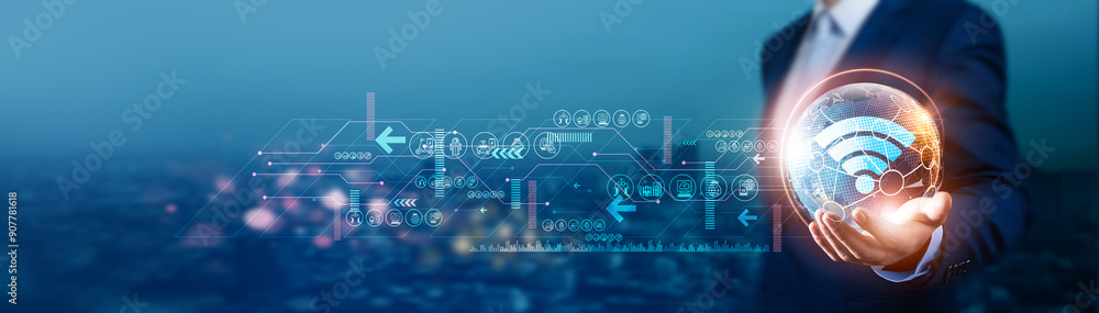 Poster iot. businessman holds global internet of things (iot) with network connected to smart devices, clou