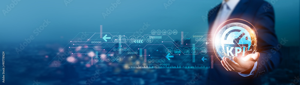 Poster key performance indicator. a businessman holds global kpi with a network connected to supply chain a
