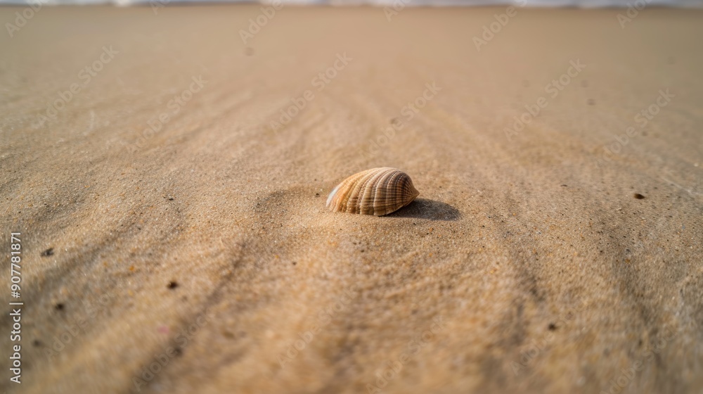 Poster Seashell is resting on a pristine beach with waves crashing in the background