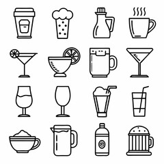 Drinks and beverages outline icons set art vector illustration