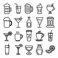 Drinks and beverages outline icons set art vector illustration
