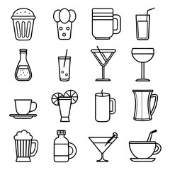 Drinks and beverages outline icons set art vector illustration