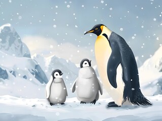 Fototapeta premium Penguin family on a snowy landscape