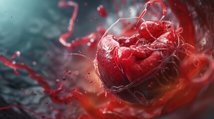 A red heart with red blood is surrounded by red liquid
