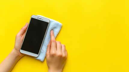 Cleaning smartphone screen from top view on yellow backdrop using microfiber fabric
