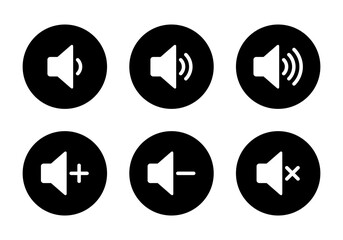 Speaker volume icon set collection on black circle. Sound level sign symbol
